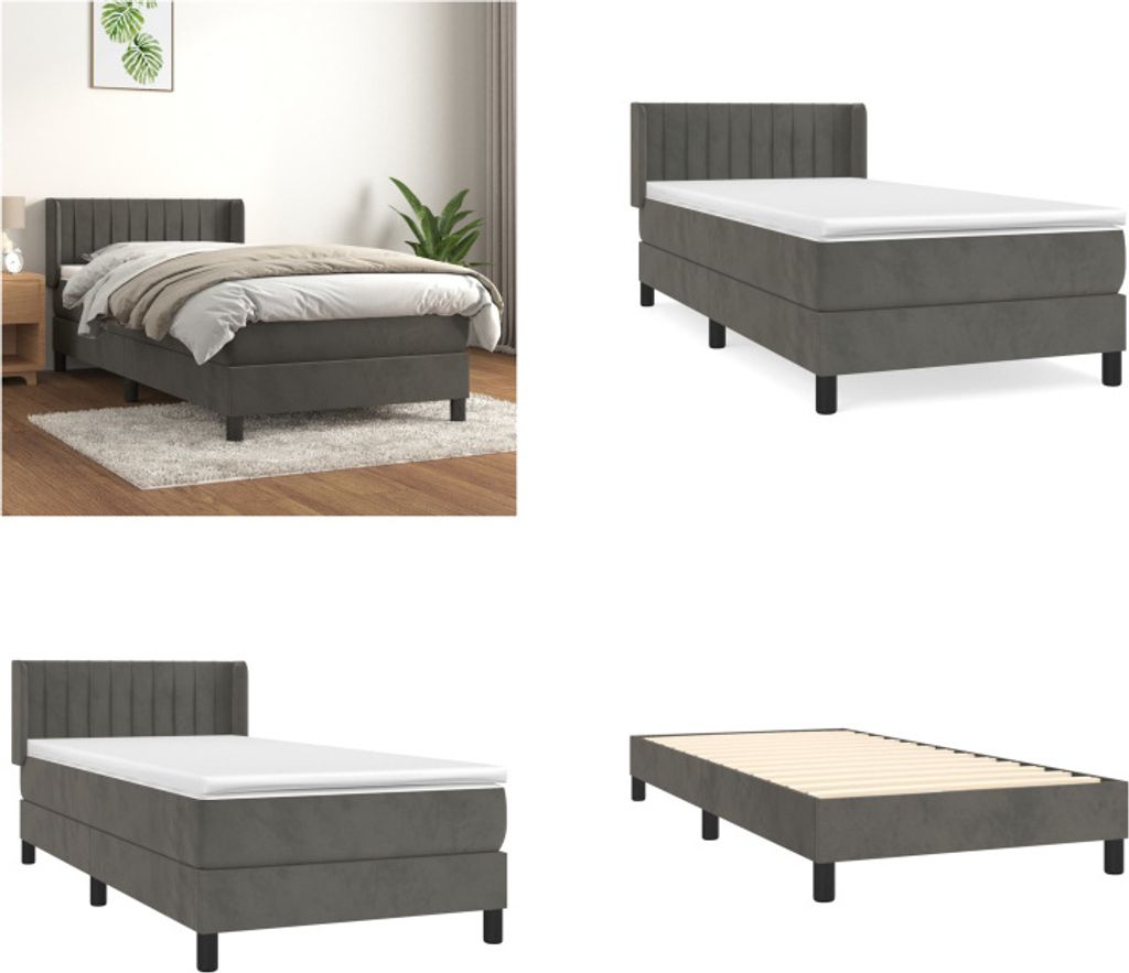 vidaXL Boxspringbett mit Matratze Dunkelgrau 100x200 cm Samt - Boxspringbett - Boxspringbetten - Bett - Schlafzimmermöbel