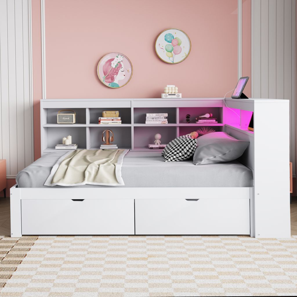 okwish Daybett 90x200cm, Schlafsofa,Multifunktionales Einzelholzbett, mit USB- und Steckdose&Regalen ,ohne Matratze,Weiß