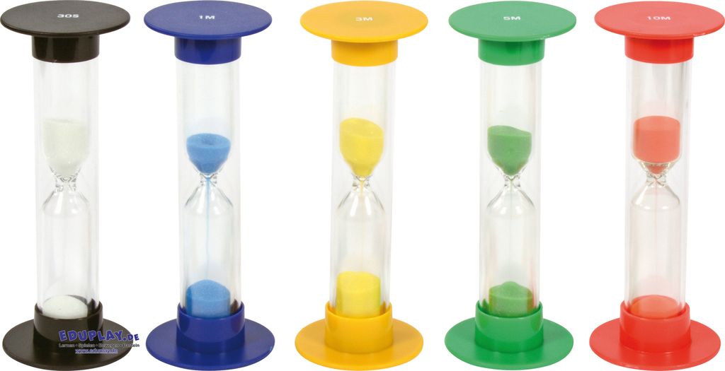 EDUPLAY 120601 Sanduhrenset groß, Ø 5,5 cm, 15 cm hoch, 30 Sek., 1, 3, 5, 10 Min, mehrfarbig, 5-teilig (1 Set)