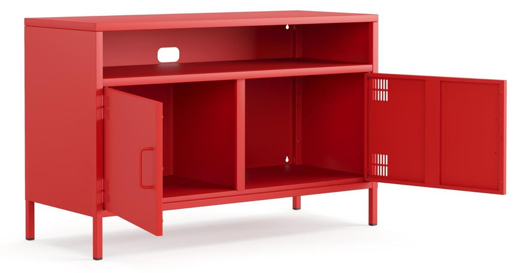 Furni24 Metall TV-Schrank Pera – TV Lowboard mit Türen & 4 Fächern – Industrial Design – Stahl – 100,5 x 40 x 64,5 cm – Rot