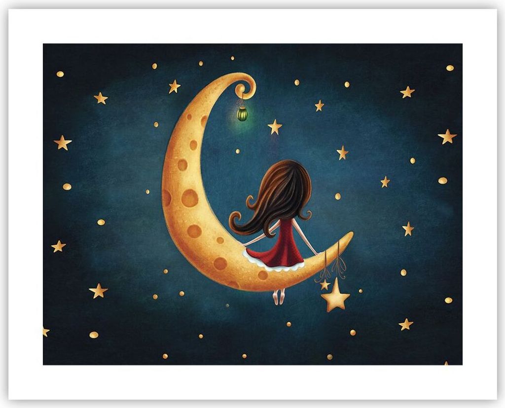 Poster - Poster ohne Rahmen - Kinder Mädchen Mond - 50x40 cm - Wand Bild - Wanddeko - Wandbilder - Kunstposter - Wandposter - Bilder - Kunstdruck ...
