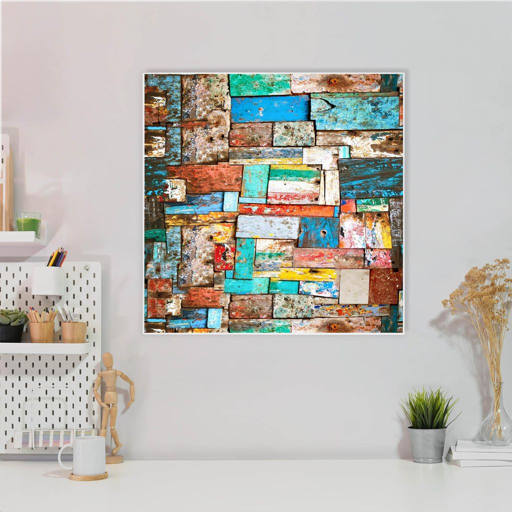 Design Stahlmagnettafel Quadratisch 50x50cm Bunte Holzschindeln