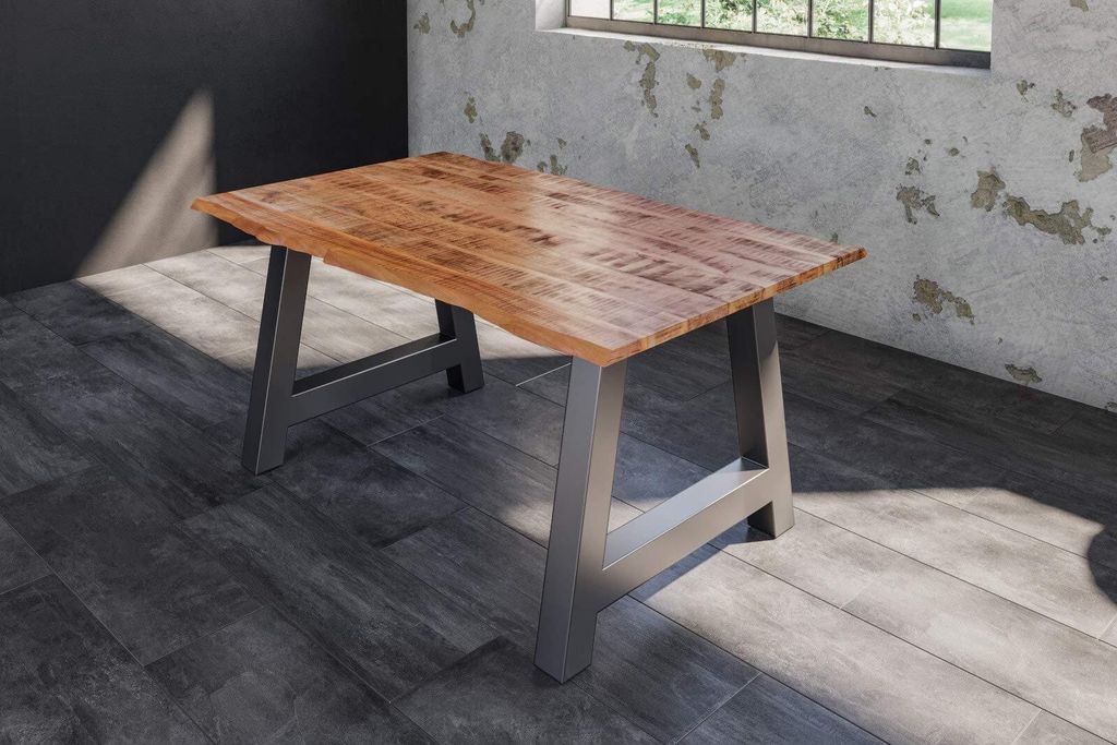 Esstisch Dora 140 x 80 cm, Mangoholz massiv, lackiert & naturfarben, Baumkantentisch mit A-Metallgestell in Silber, echte Baumkante, 26 mm