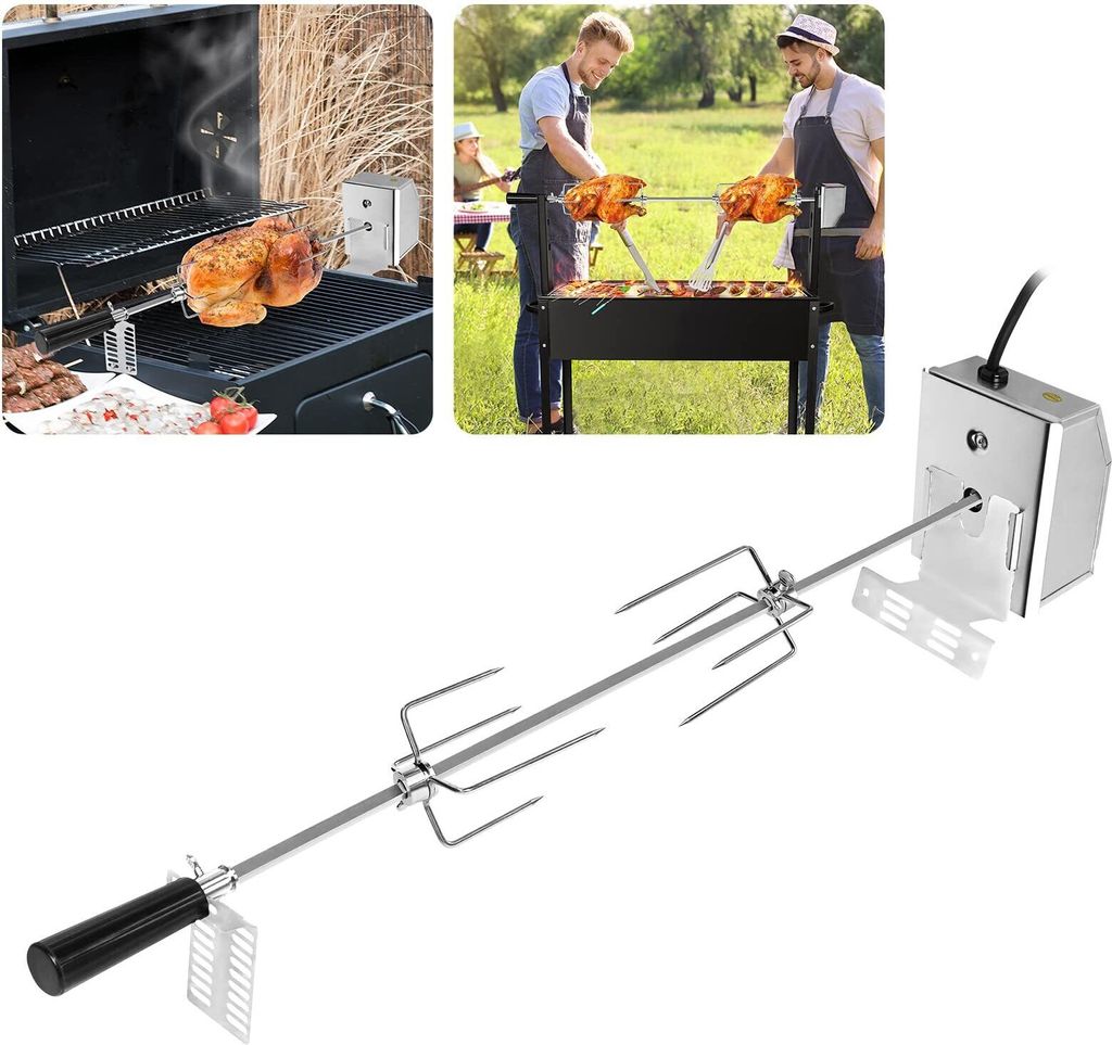 TWOLIIN Grillspieß Set 107cm Edelstahl Drehspieß mit Motor, 220V - 240V, inkl. 2X Fleischnadeln Elektrischer Grillspieß Rotisserie