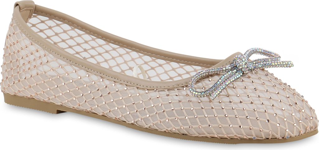 VAN HILL Damen Klassische Ballerinas Strass Schleife Glitzer Schuhe 841693, Farbe: Beige, Größe: 38