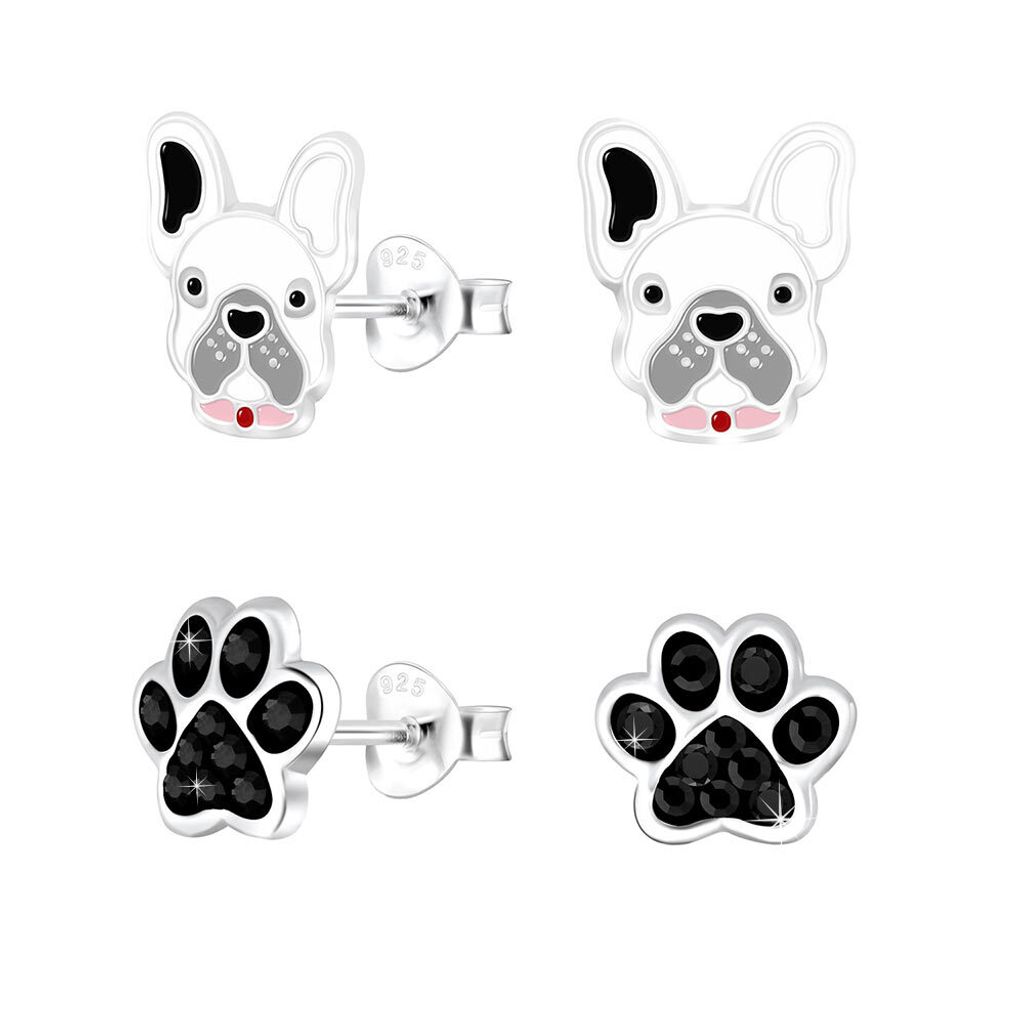 2er Set Ohrringe Silber 925 Ohrstecker Bulldogge & Pfote