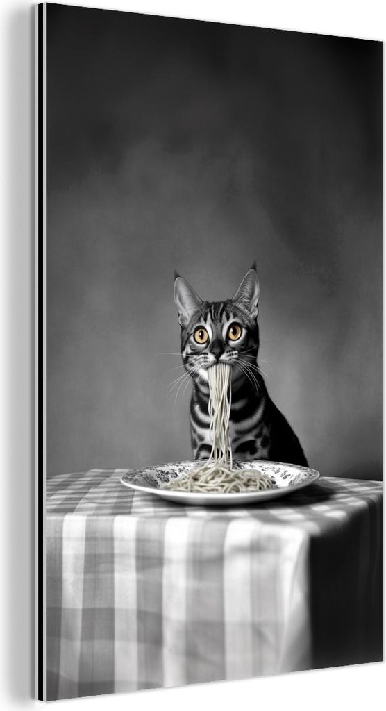 MuchoWow Wanddekoration Metall Metallbild Wandkunst 100x150 cm Bengalisch - Katze - Tischtuch - Schwarz - Weiß - Tier MuchoWow Aluminium Gemälde ...