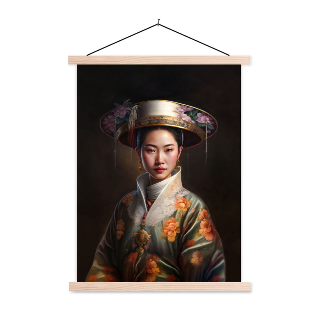 MuchoWow Textilposter Frauen - Asiatisch - Blumen - Porträt 120x160 cm mit holzfarbenen Rahmen - Plakatkarton