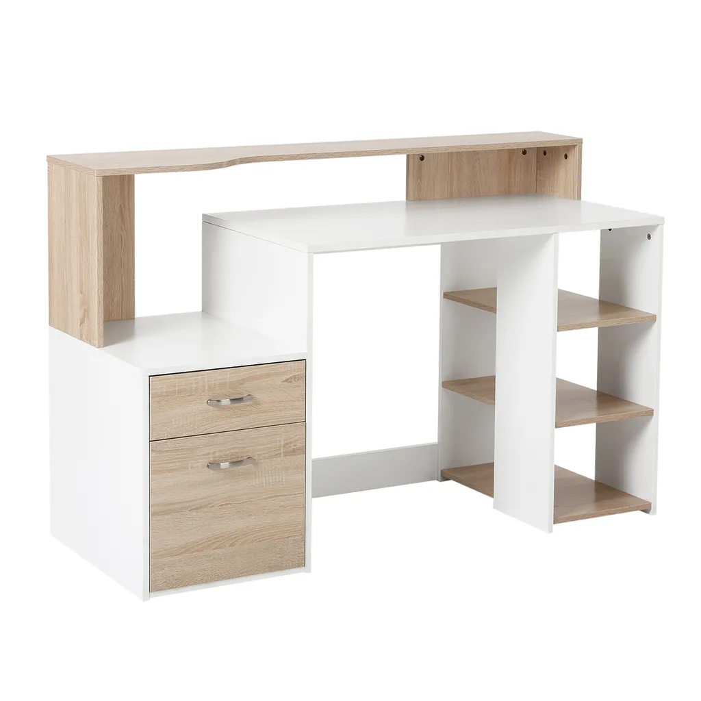 HOMCOM Bureau informatique chêne avec 2 tiroirs et rangement 137 cm