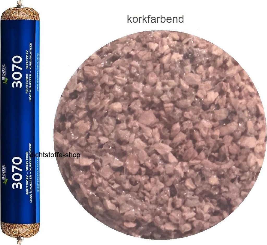 A product shot of a Bostik 3070 spray cork sealant tube next to a close-up of the cork material.