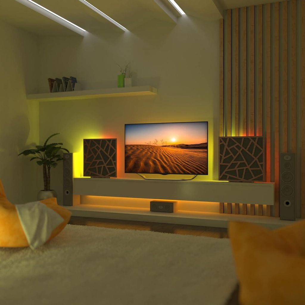 2er Pack Akustikpaneele "SKYROSS" mit RGB-Schreibtischlampe | Mobiler Ständer mit LED-Tischfuß |Für Podcast-Studios|50×50cm|Nussbaum