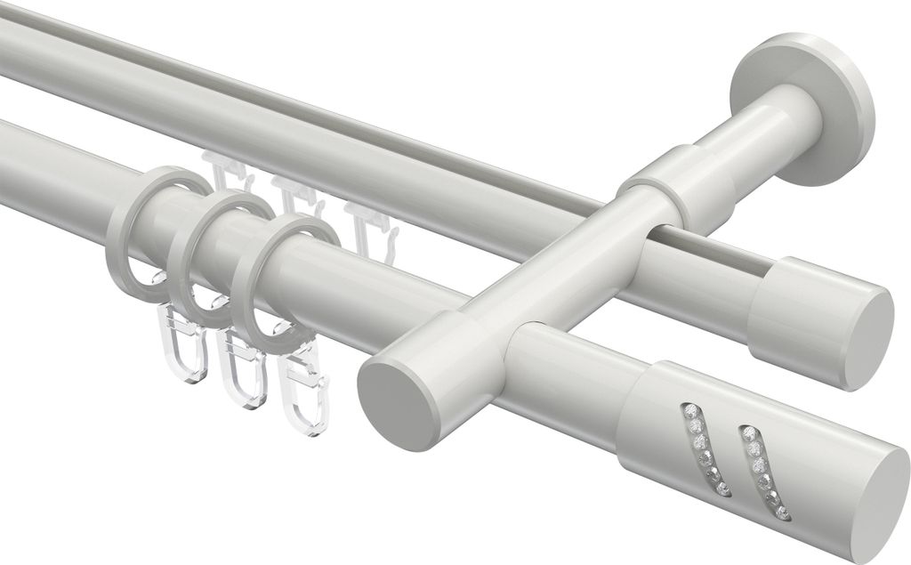 Interdeco Rundrohr-Innenlaufstange / Gardinenstange (Kombination) Weiß, Typ Prestige Zoena (Glitzerzylinder), 20 mm Ø 2-läufig, 260 cm