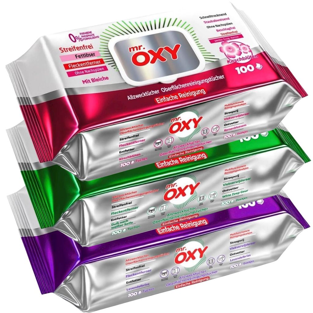 Mr. OXY Allzwecktücher 3er Pack – Kirschblüte, Lavendel & Produktbild 