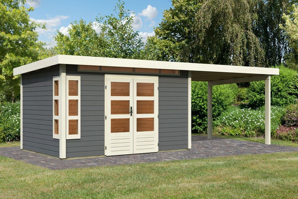 Karibu Gartenhaus Gerätehaus Kastorf 7 im Set mit Anbaudach 3,2 m Breite terragrau 655x244x222 cm