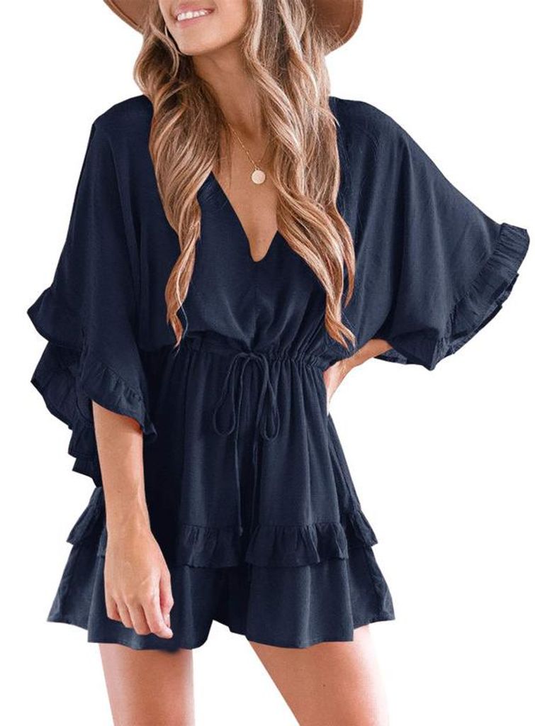 Sommerliches Strandkleid für Damen, V-Ausschnitt, Rüschen und Taillengürtel