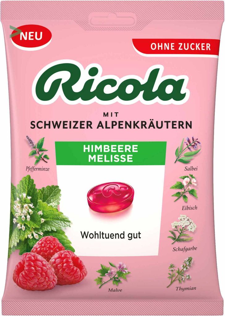 Ricola Himbeere Melisse original Scweizer Kräuterbonbons ohne Zucker, 18er Pack (18 x 75g)