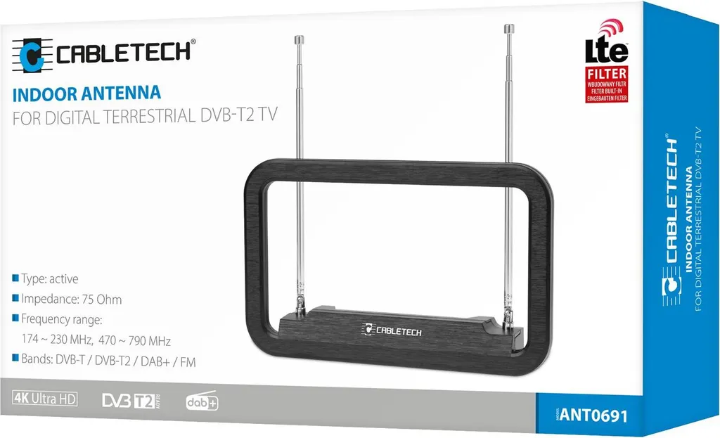 Antenne Intérieure Cabletech DVB-T2 TV DAB+ FM avec Filtre LTE Actif