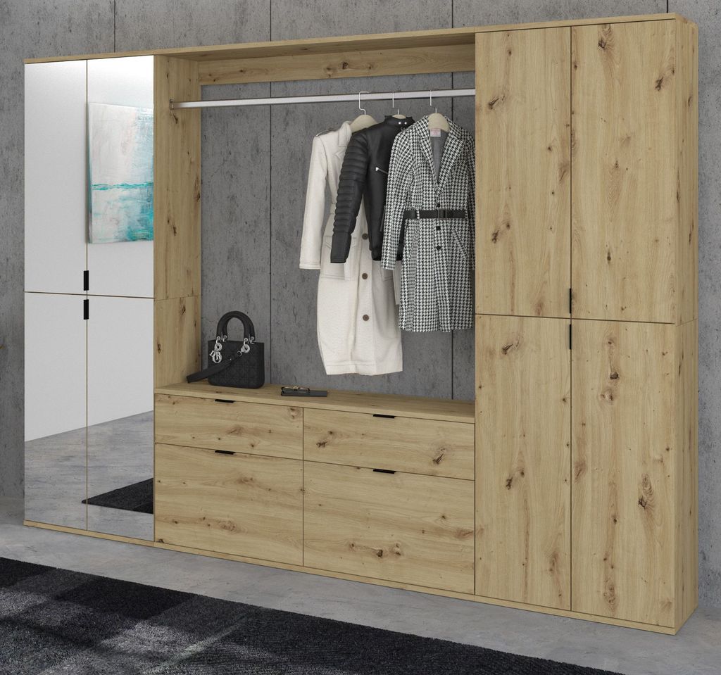 Garderobe Set "Line-Up" Eiche Garderobenschrank mit Spiegel 243 x 193 cm