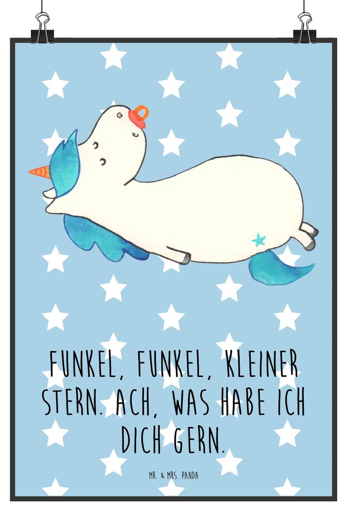 Mr. & Mrs. Panda Bild Einhorn Schnuller DIN A2 - Blau Pastell - Geschenk, Unicorn, Mama, Deko, Geburtstag, wanddeko, drucke, wanddruck, Baby, Wandb...