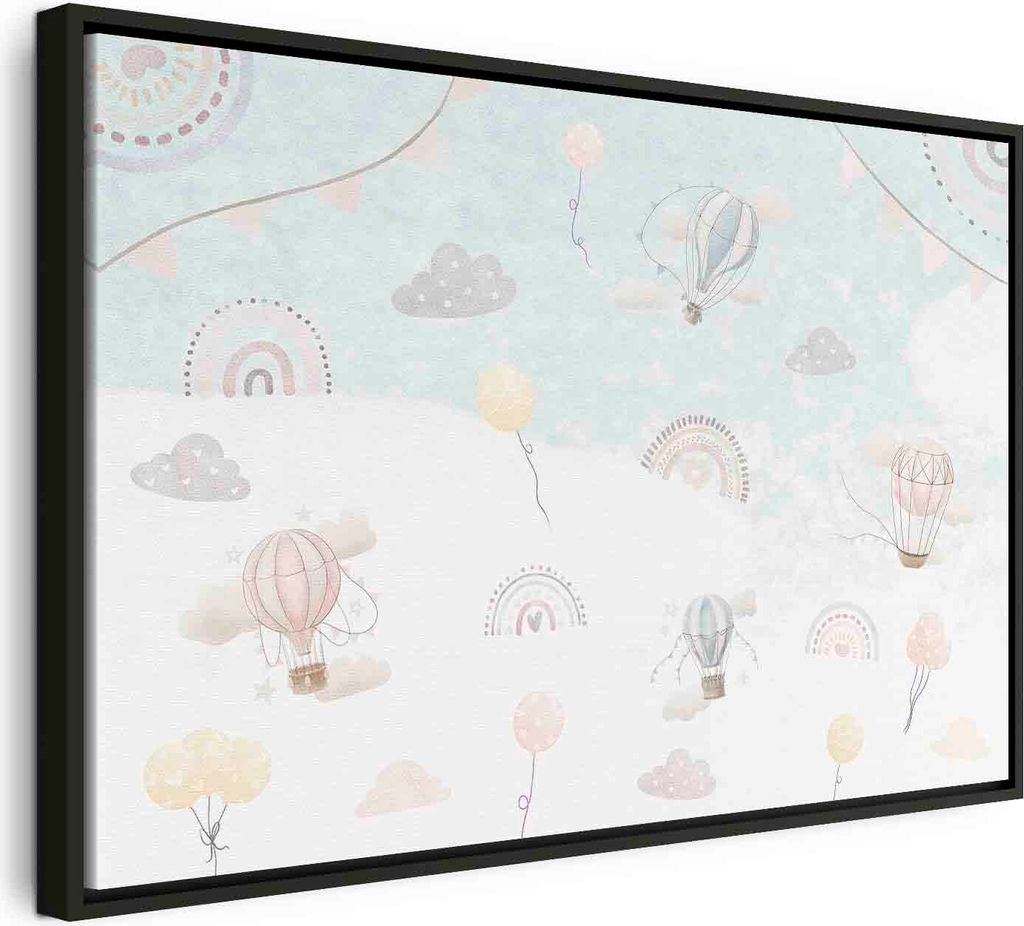 Italienischer Leinwand Leinwandbild - Sky with Balloons - Balloons in Subdued Colors Flying in the Sky Among Clouds Rainbows and Stars 90x60 cm Fü...
