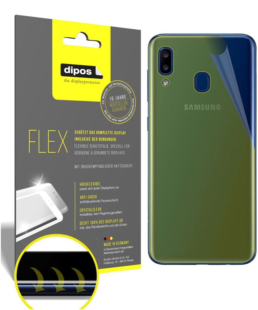 2x Schutzfolie für Samsung Galaxy A20 Rückseite Folie, 100% Displayabdeckung, dipos Flex