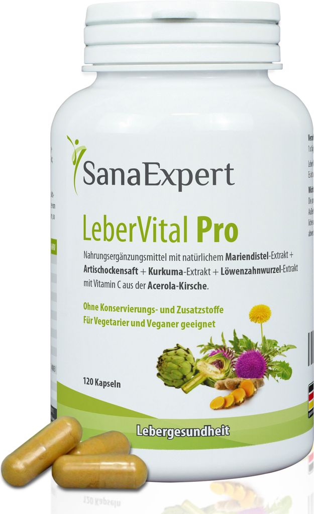 SanaExpert LeberVital Pro ist ein pflanzliches Nahrungsergänzungsmittel mit Mariendistel, Kurkuma und Artischocke, 120 Kapseln (95 g)