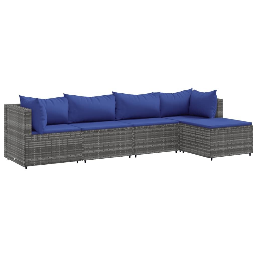 5-tlg. Garten-Lounge-Set mit Kissen Grau Poly Rattan Produktbild 