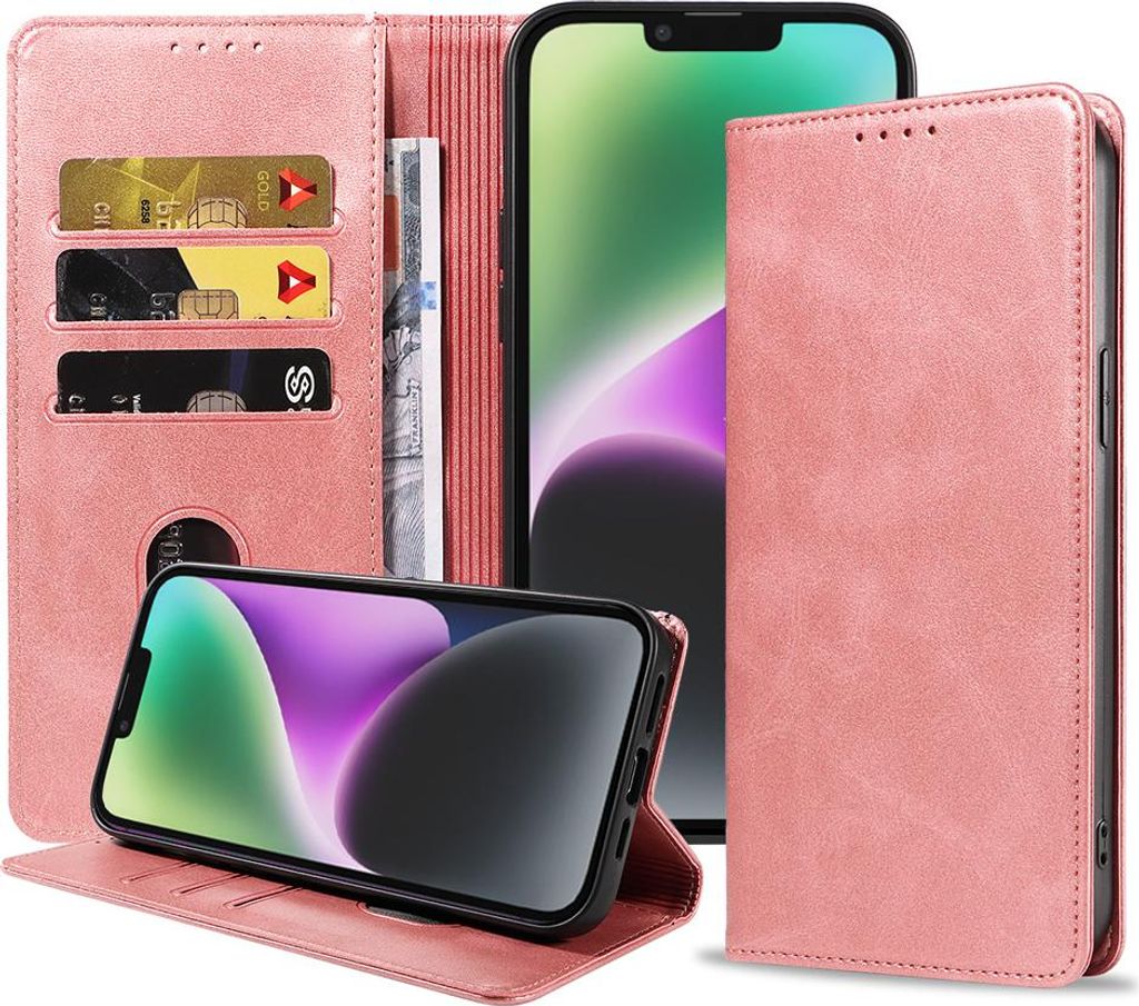 Smartphonica iPhone 14 Plus Kunstledertasche mit Magnetverschluss und Kartenhaltern Buchhülle - Rosa