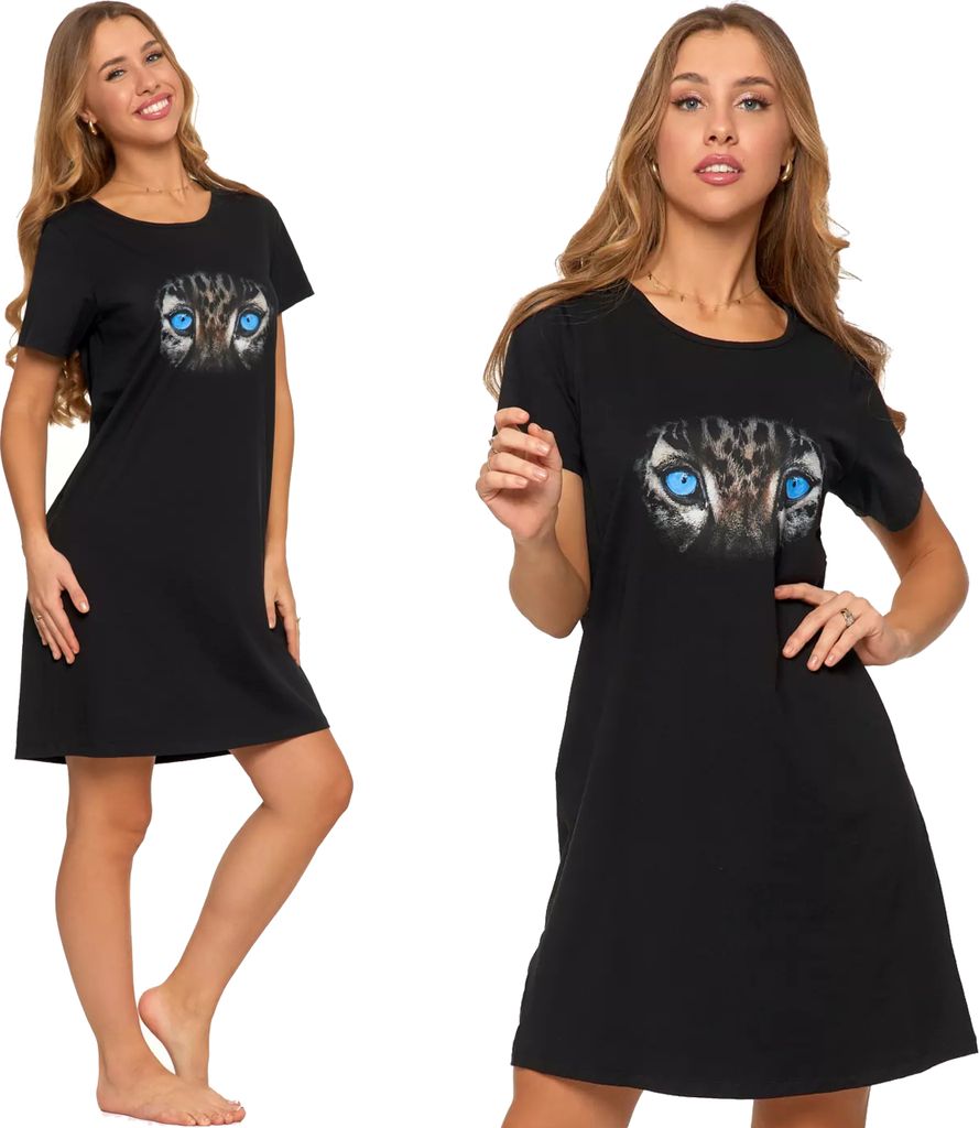 Moraj Damen Nachthemd kurzarm Sleepshirt Panther-Muster Baumwolle 2500-004, Schwarz, M