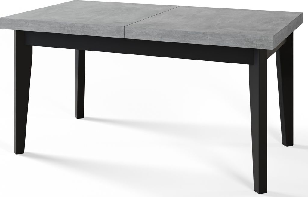 A modern dining table with a gray tabletop and black legs, shown from a slight angle against a white background.