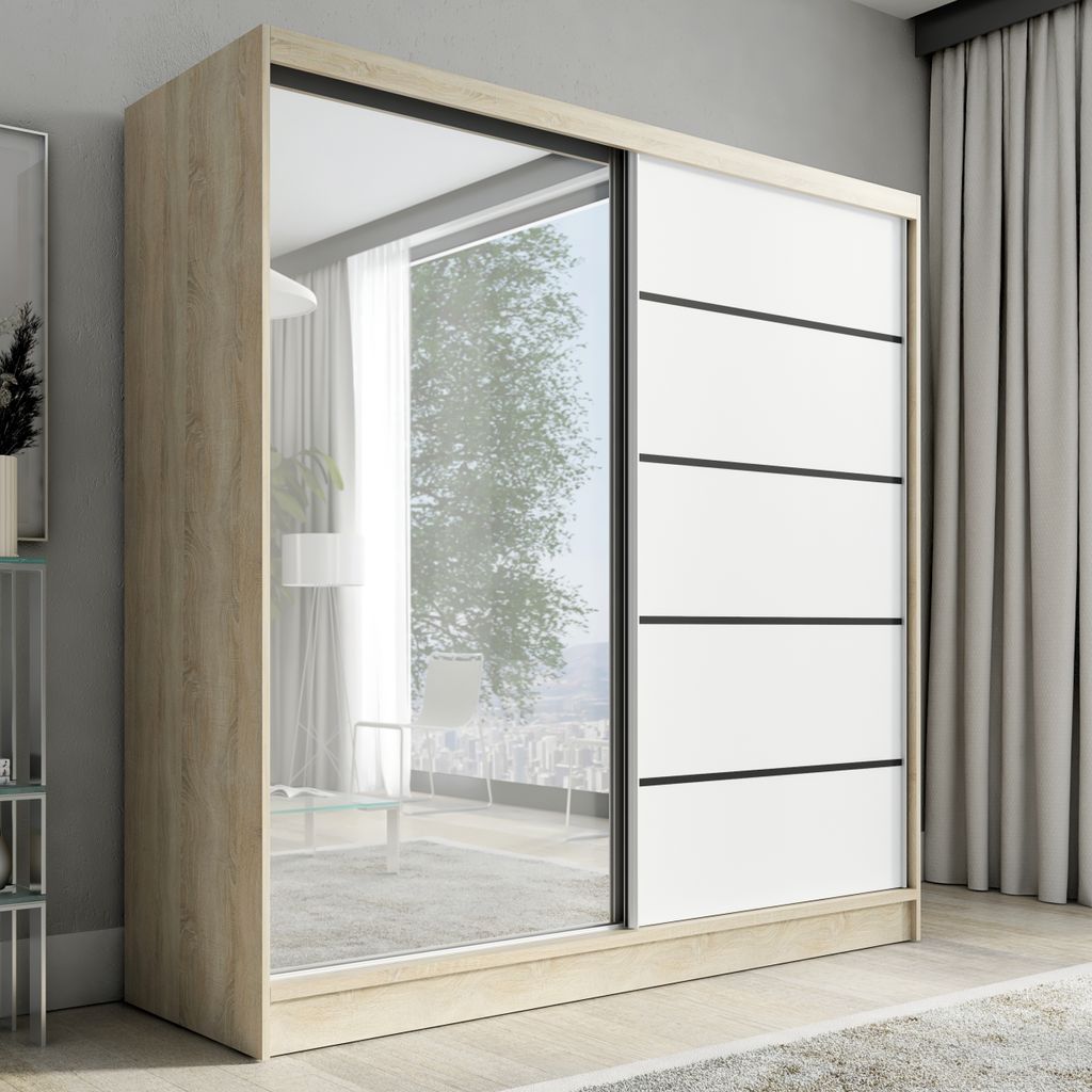Schwebetürenschrank, 2-türig Schrank mit Spiegel NERO 2 200 cm (Braun / weiß)