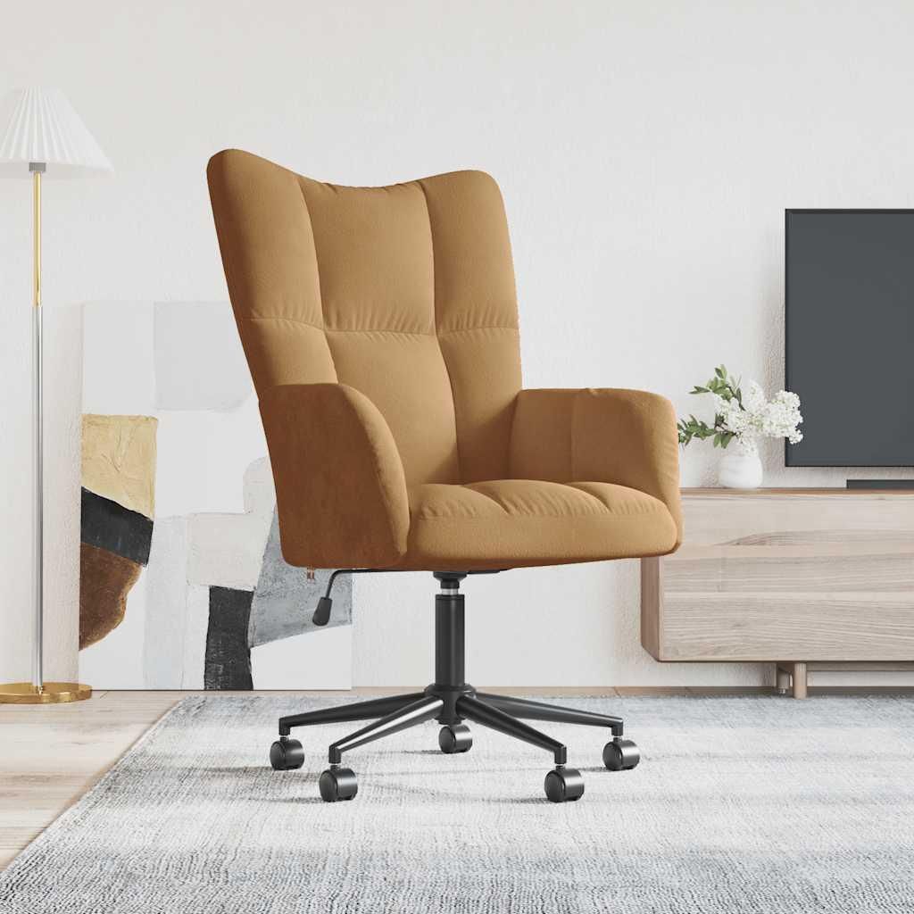 A brown velvet office chair is shown in a room with a floor lamp, abstract art, and a TV stand.