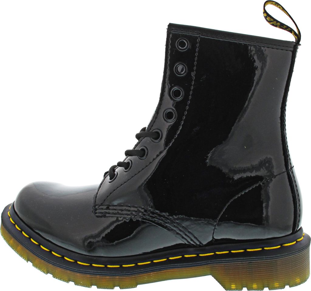 A side view of a black patent leather Dr. Martens boot.
