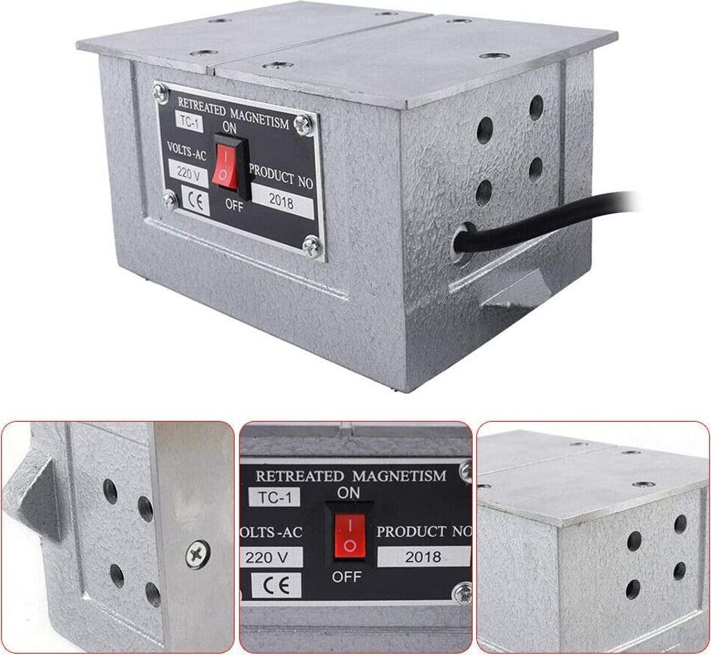 A close-up view of a demagnetizer device with a label showing its specifications and an on/off switch.