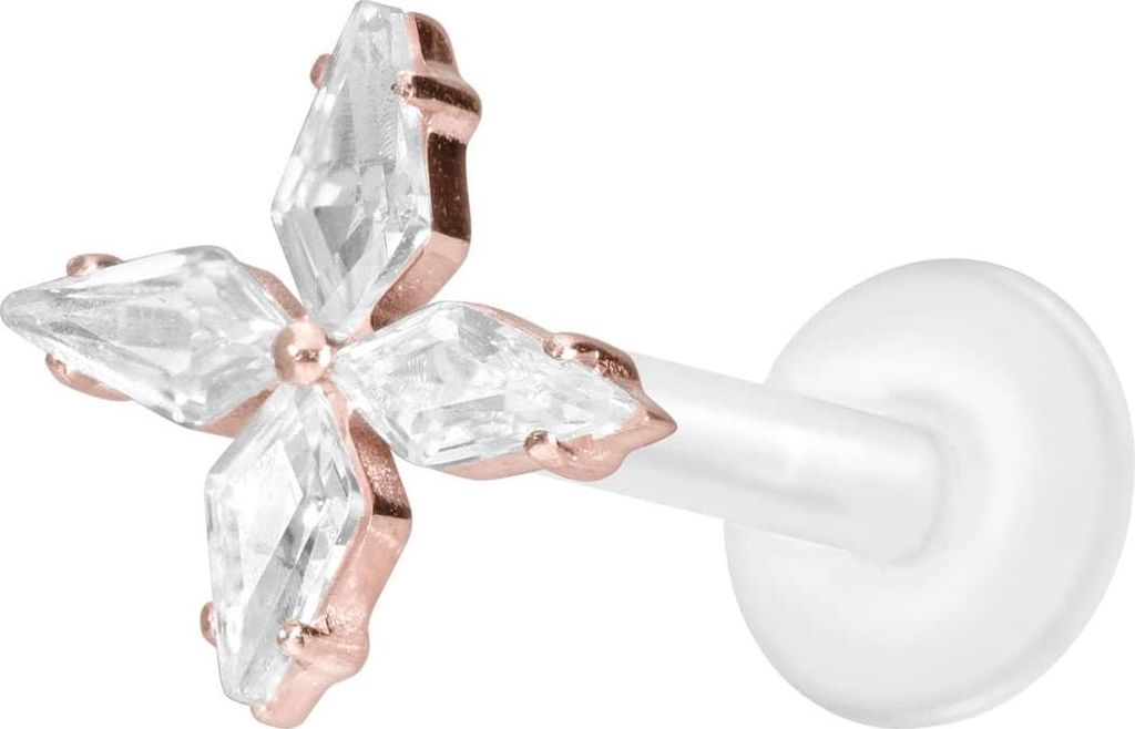 Ohrpiercing, Nasenpiercing PTFE Labret mit Innengewinde + Titan-Aufsatz KRISTALLSTERN RoséGold Stablänge: 10mm | Stabstärke: 1,2mm