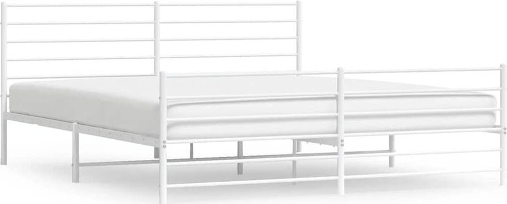 A white metal bed frame with a mattress is shown against a white background.