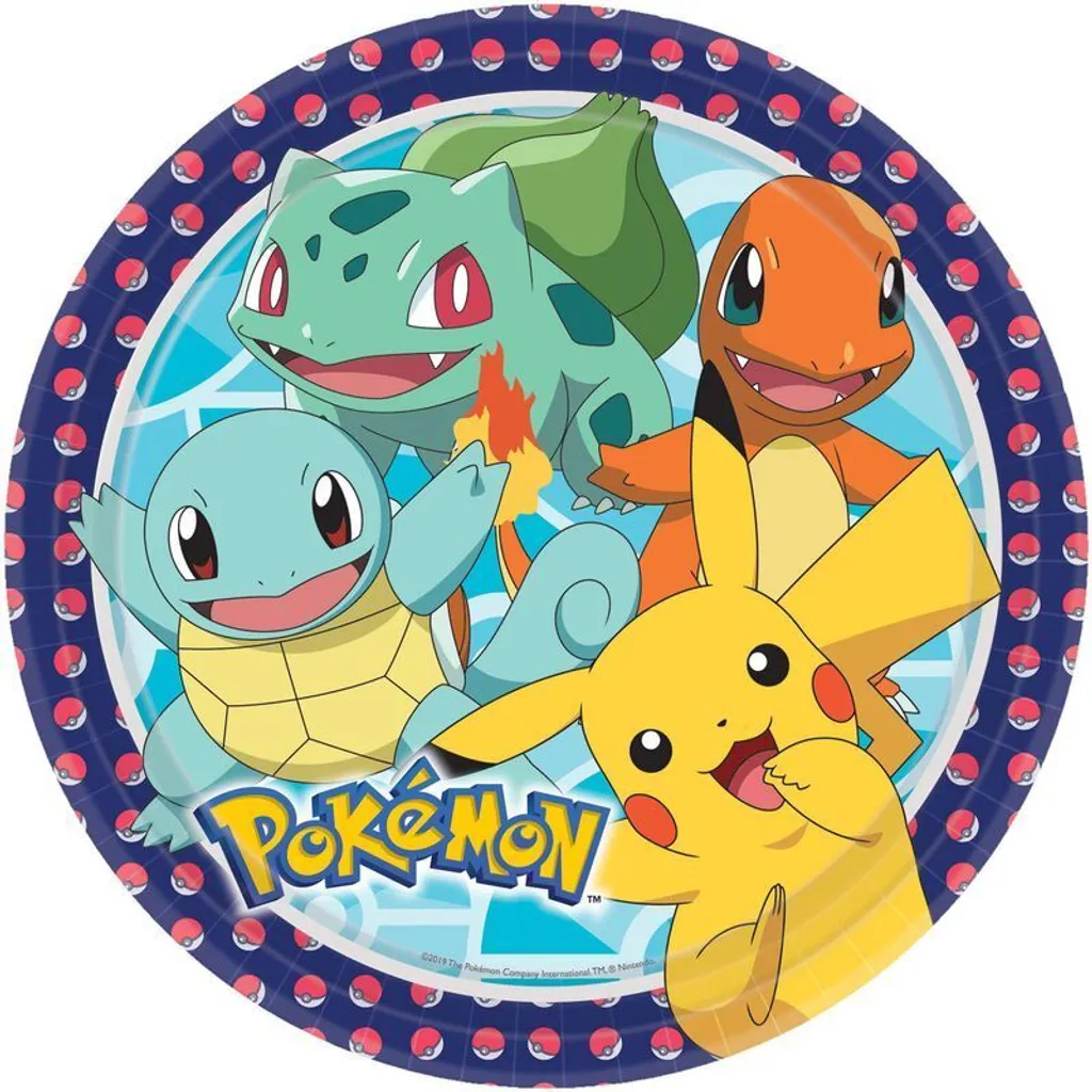 Assiettes Pokemon en carton rigide de 23 cm - Pack de 8 unités colorées