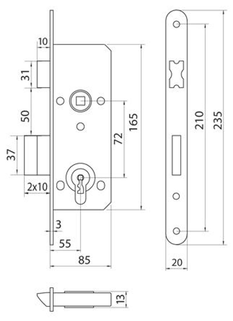 LOB 72/55 (EI 30) Feuerhemmendes Einsteckschloss, Edelstahl, runder Stulp
