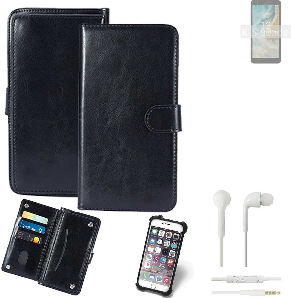 K-S-Trade 360° Hülle kompatibel mit Nokia C02 inkl. Headphones schwarz Kunstleder Case BookCase WalletCase Kunstlederederhülle Handyhülle,