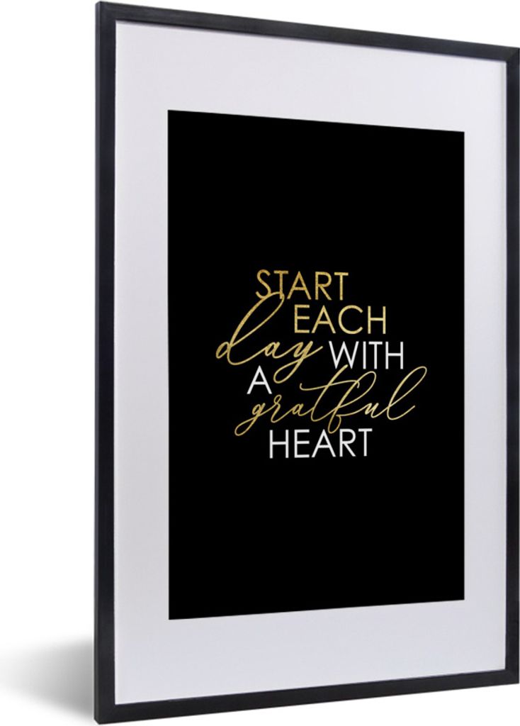 MuchoWow Gerahmtes Poster Zitate - Herz - Gold - Weiß 40x60 cm - Poster mit Schwarzem Bilderrahmen Wandposter Rahmen Foto Bilder - Poster in Rahmen