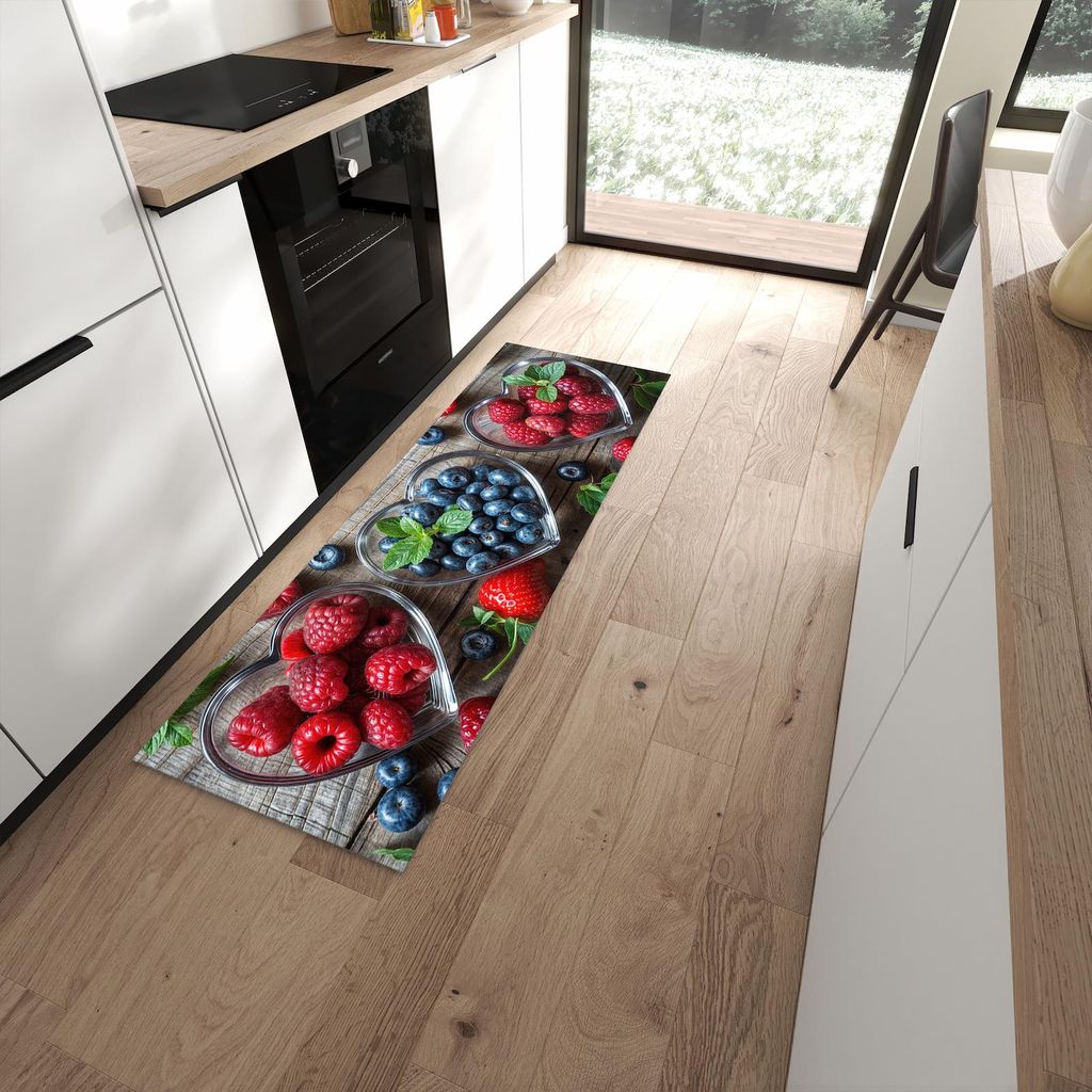 Küchenteppich 60x180cm rutschfest & abwischbar PVC Läufer - Herzschalen Beeren