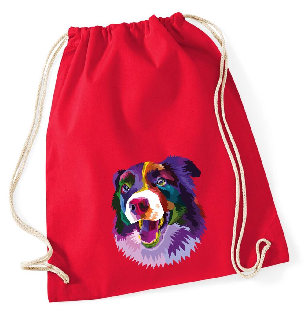 Huuraa Turnbeutel Border Collie Colorful 12 Liter Classic Red Baumwolle Rucksack Geschenkidee