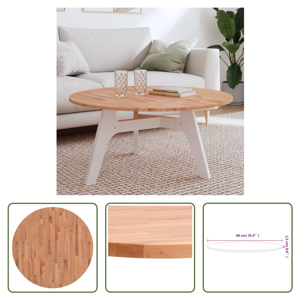 The Living Store Tischplatte Ø90x1,5 cm Rund Massivholz Buche