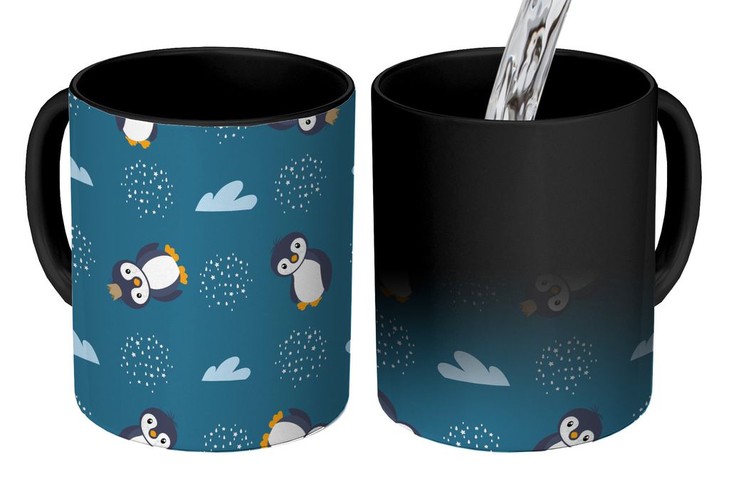 KitchenYeah Zauber Tasse Zaubertasse Magic Pinguin - Wolken - Jungen - Design 350 ml Farbwechsel Becher Geschenk Geschenkidee - Magic-Tasse - Fot...