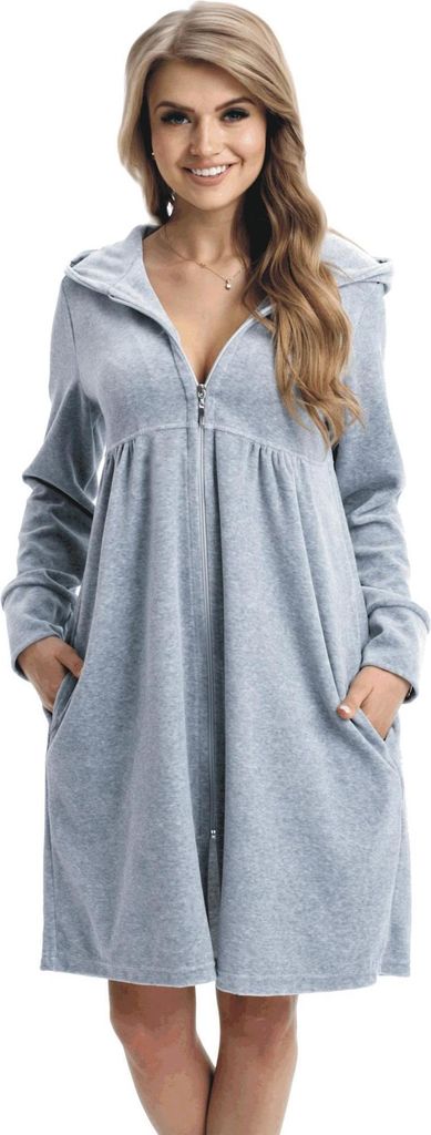 DOROTA kuscheliger und moderner Damen Baumwoll-Bademantel mit Taschen, Reißverschluss & Kapuze, grau-melange, Gr. S
