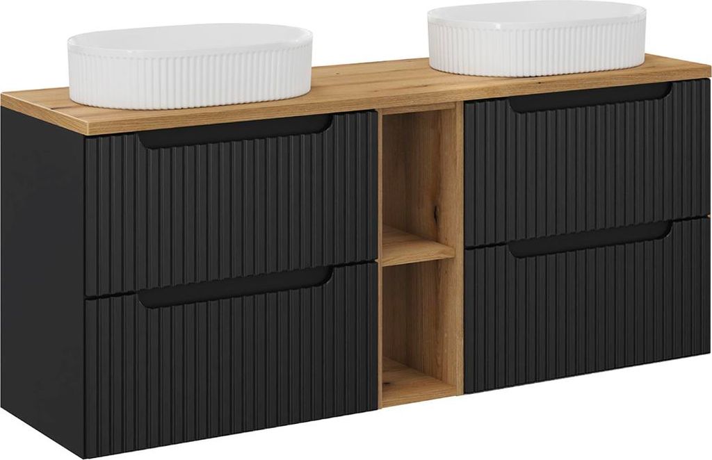 Doppelwaschtisch 140.4cm Riva mit 4 Schubladen, Schwarz und Holzoptik