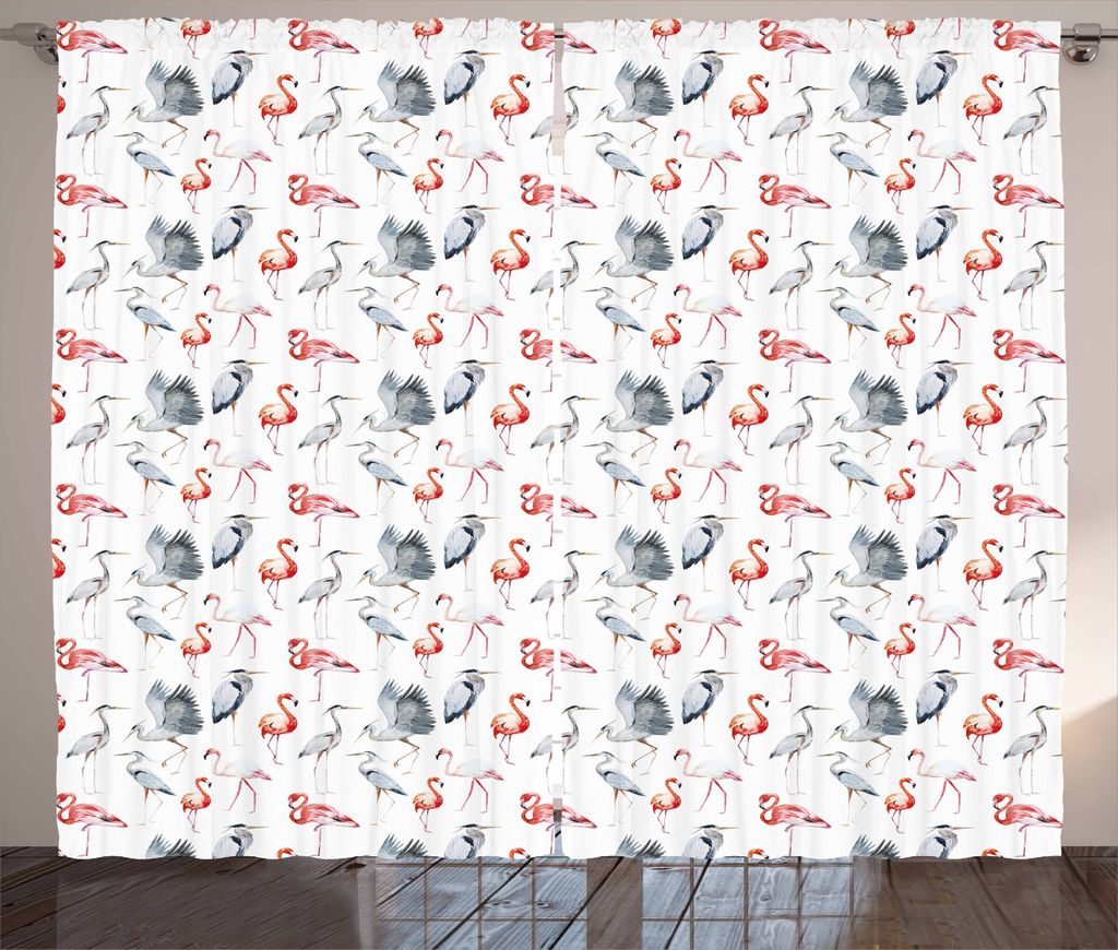 ABAKUHAUS Flamingo Rustikaler Gardine, Reiher Vögel Aquarell, Schlafzimmer Kräuselband Vorhang mit Schlaufen und Haken, 280 x 245 cm, Grau Vermil...