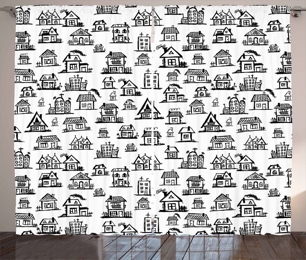 ABAKUHAUS Stadt Rustikaler Gardine, Dorfhäuser Doodle Town, Schlafzimmer Kräuselband Vorhang mit Schlaufen und Haken, 280 x 225 cm, Weiß Schwarz