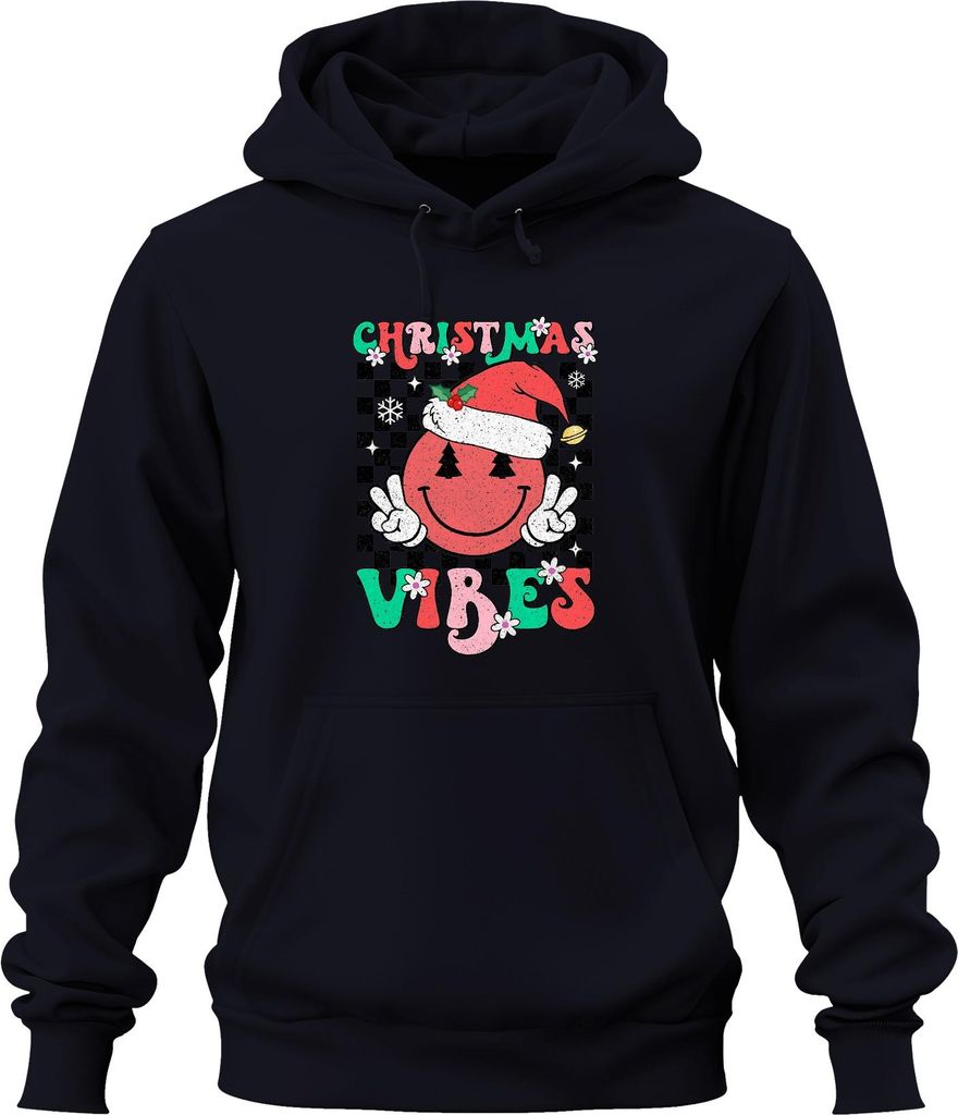 Christmas Vibes Santa Hat Smiley Peace Zeichen Tannenbaum Retro Uni Hoodie Kapuzenpullover, Navy, XL