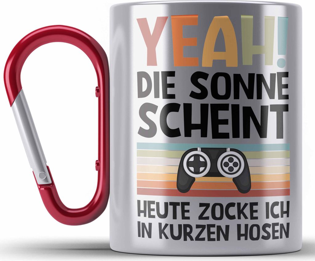 Trendation - Gamer Edelstahl Tasse Karabiner Geschenk Jungen Zocker Mitbringsel Männer Zocken Gaming Geschenkideen PC Kinder Zubehör Spruch Lusti...